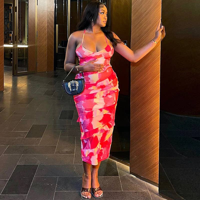 PRINTED SEXY HALTER HALTER IRREGULAR DRESS