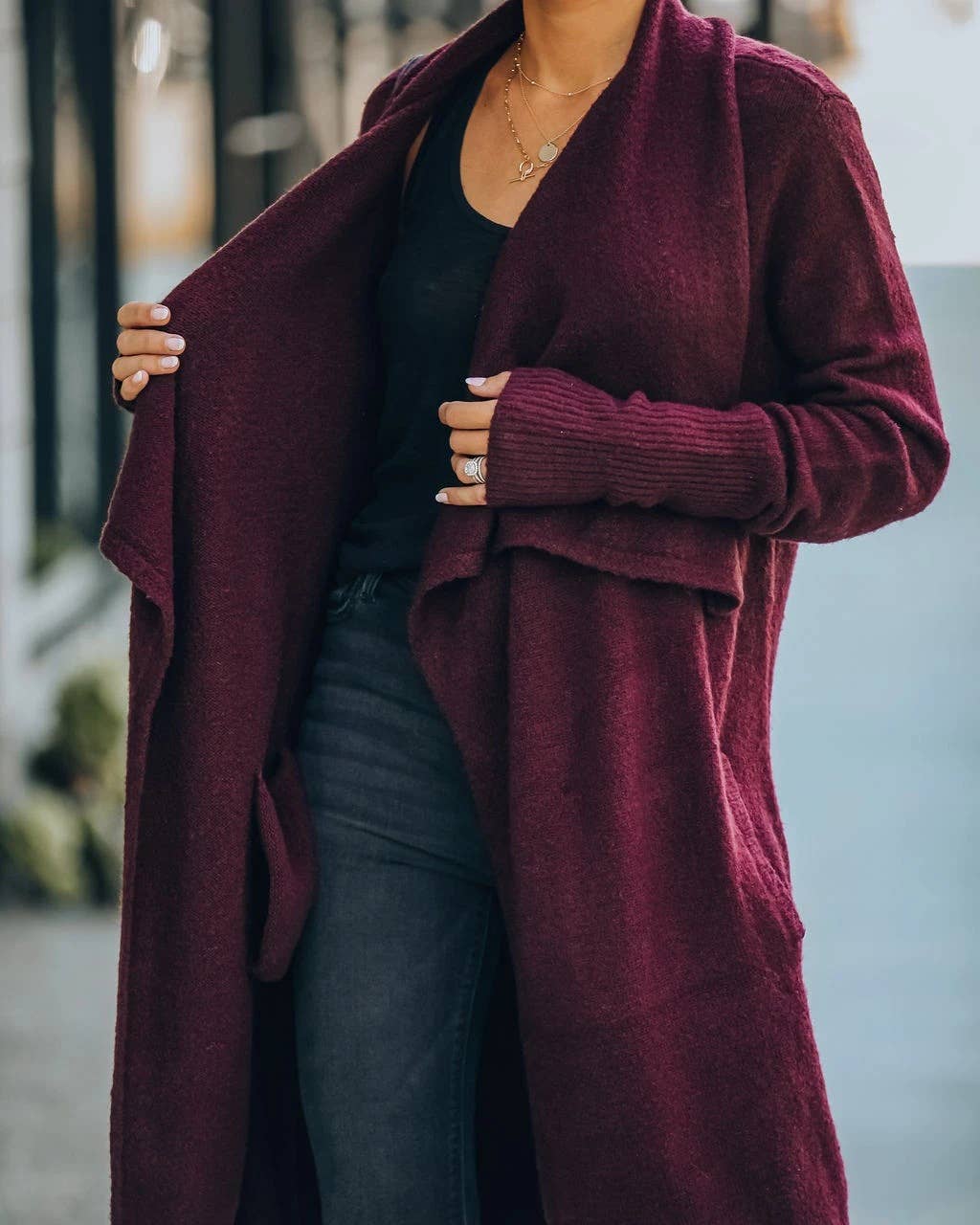 Large lapel unbuttoned solid color long cardigan coat