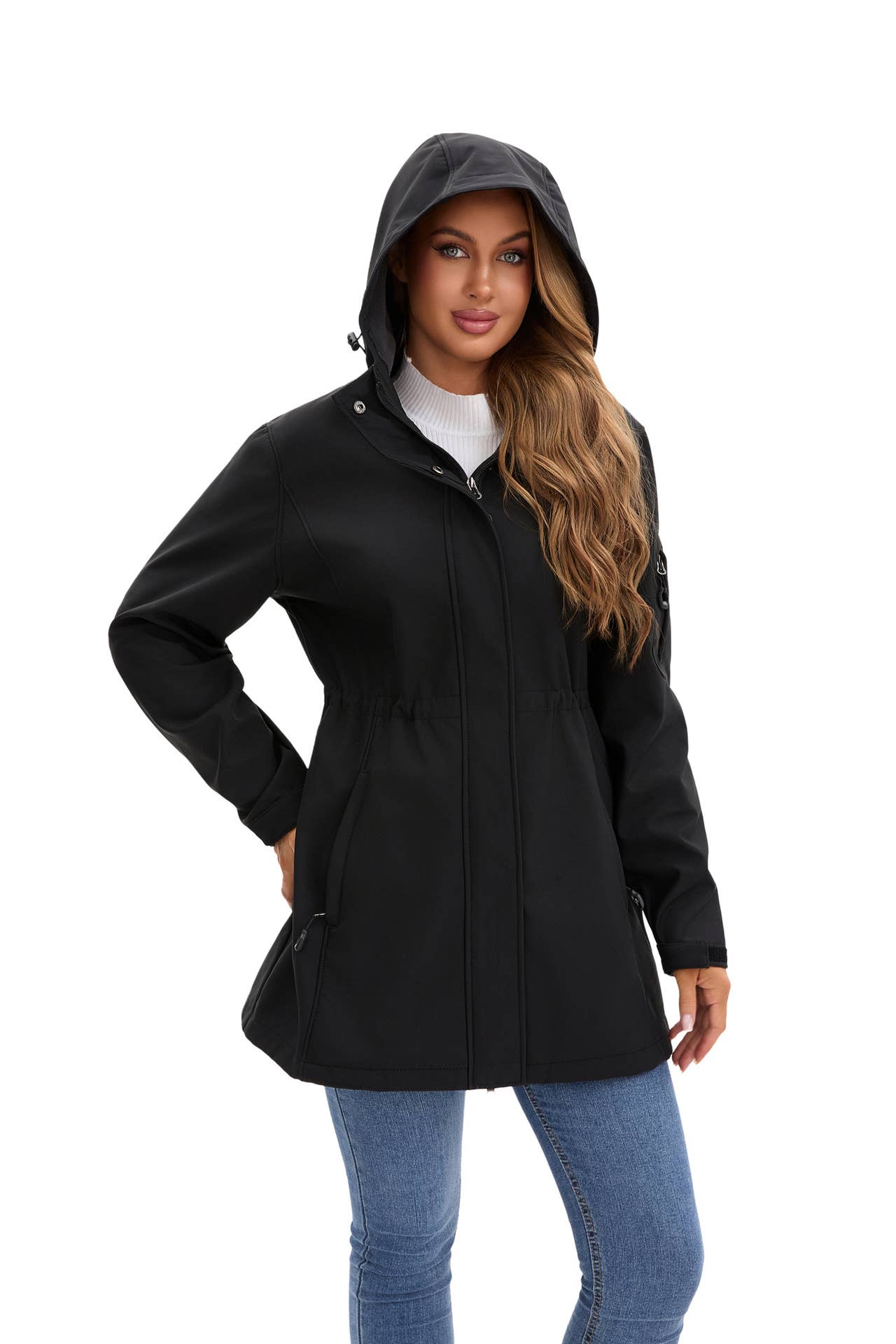 Hooded multi-pocket fleece down jacket