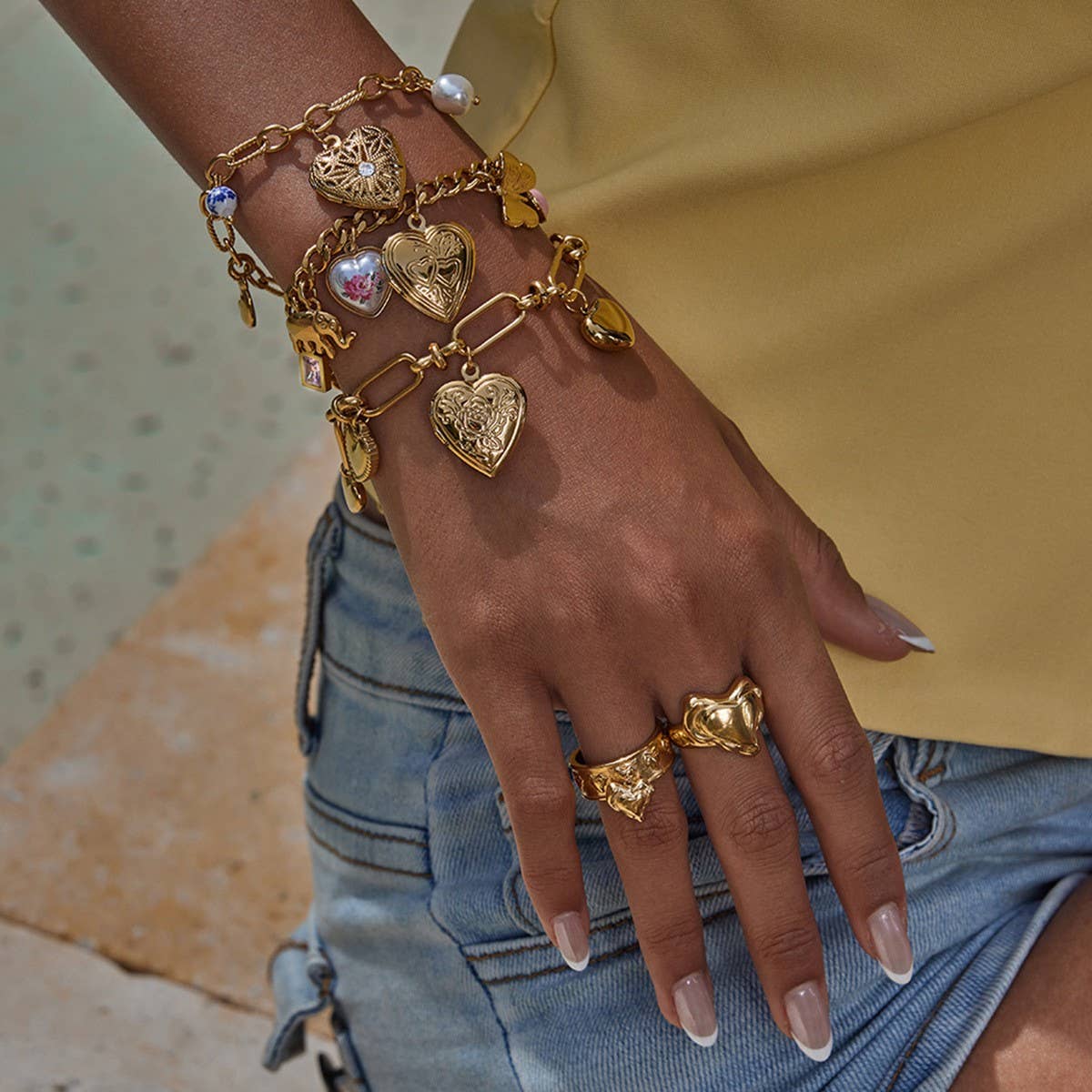 Romantic Pearl & Ceramic Heart Photo Bracelet