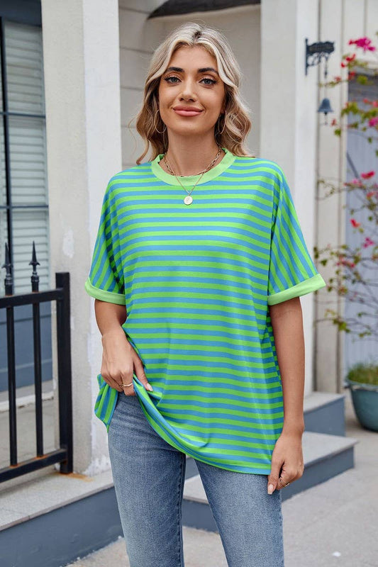 Cwtts1299_Loose Striped Colorblock Crew Neck T-Shirt Top