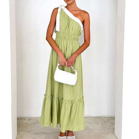 Stylish casual lace-up diagonal shoulder dress