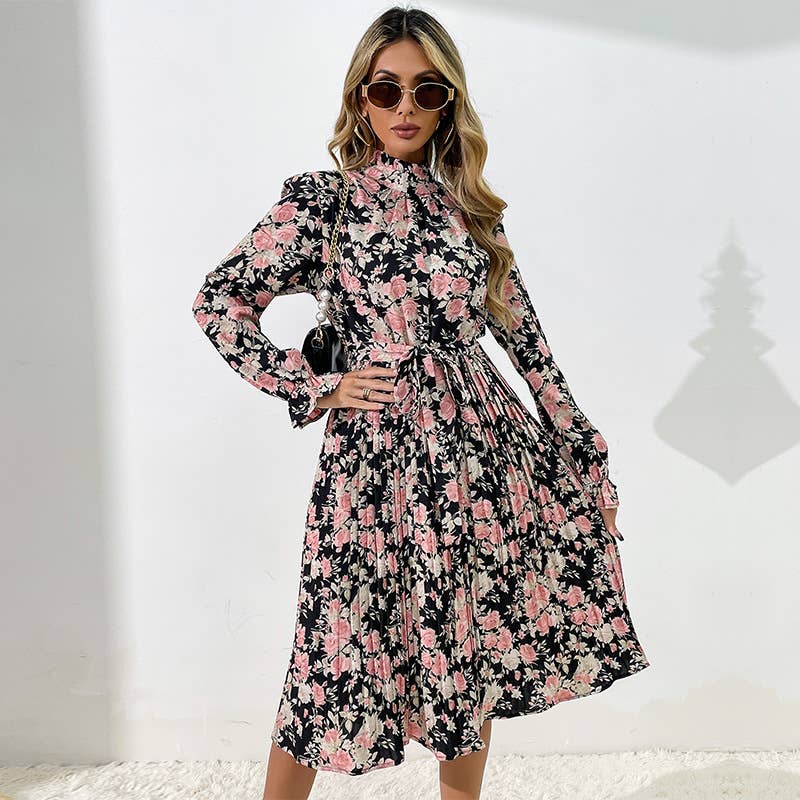 PRINTED LONG-SLEEVED HALF-TURTLENECK DRESS