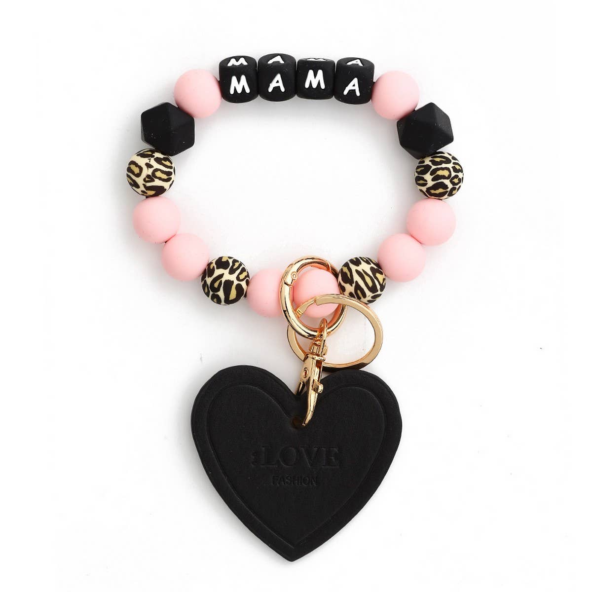Leopard Print Silicone Bead Heart Bracelet Keychain_CWAB5018