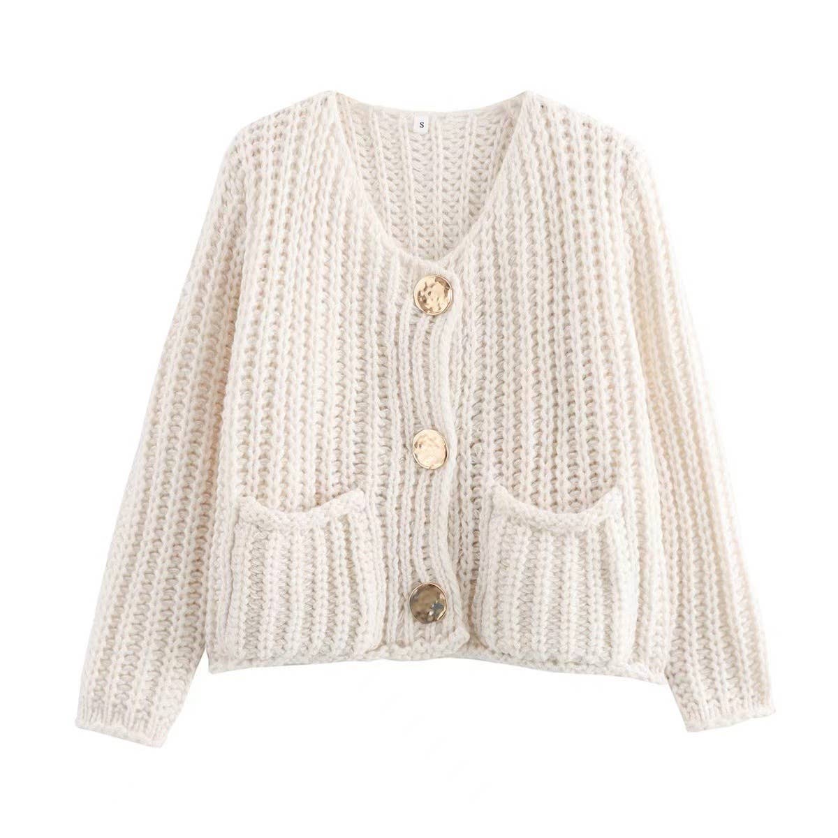 SOLID COLOR SINGLE ROW ROUND BUTTON KNIT CARDIGAN