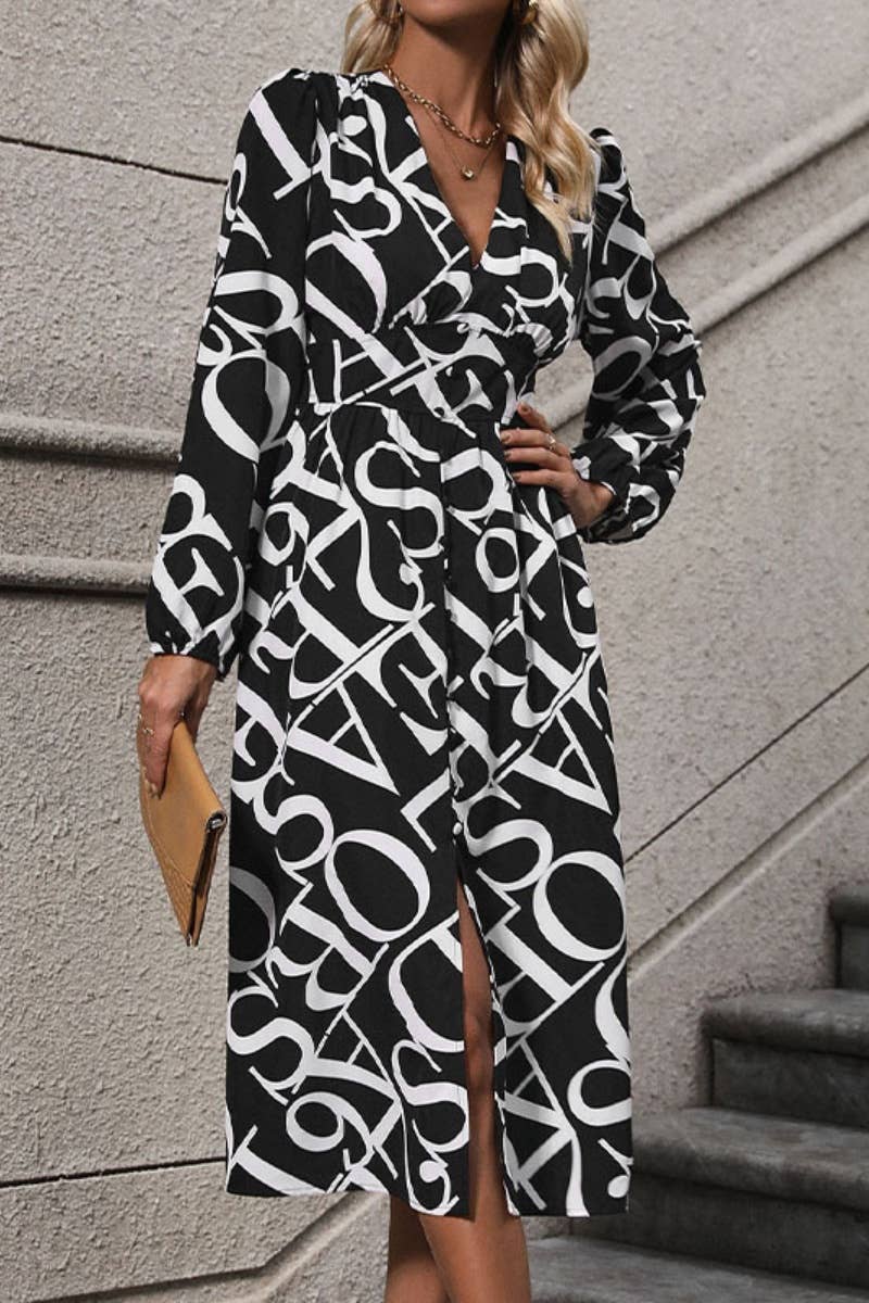 CWDMD4080_AUTUMN V-NECK PRINT LONG-SLEEVED SLIT DRESS