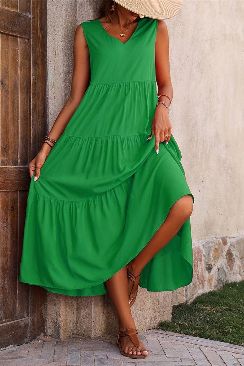 CWDMD4880_SOLID V NECK TIERED HEM SLEEVELESS DRESS