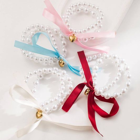 Delicate Heart Pearl Bow Hair Tie for Women