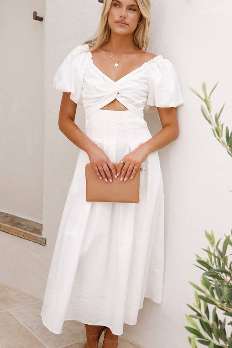 CWDMD5652_SOLID V-NECK LONG PUFF SLEEVE SLIM MAXI DRESS