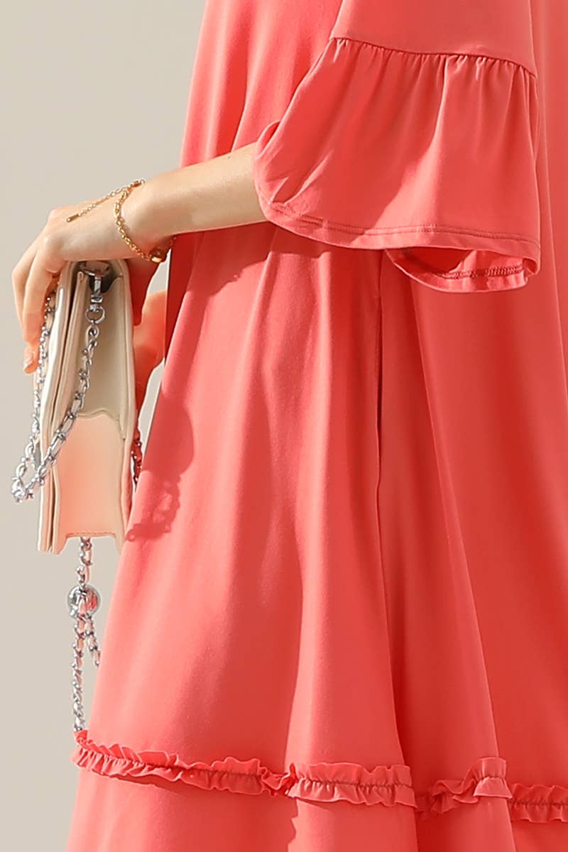 CWDSD10355_SMALL RUFFLE DETAILS 3/4 SLEEVE TIERED DRESS