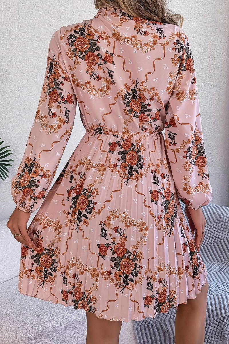 CWDSD6429_FLORAL LACE-UP LONG-SLEEVED PLEATED DRESS