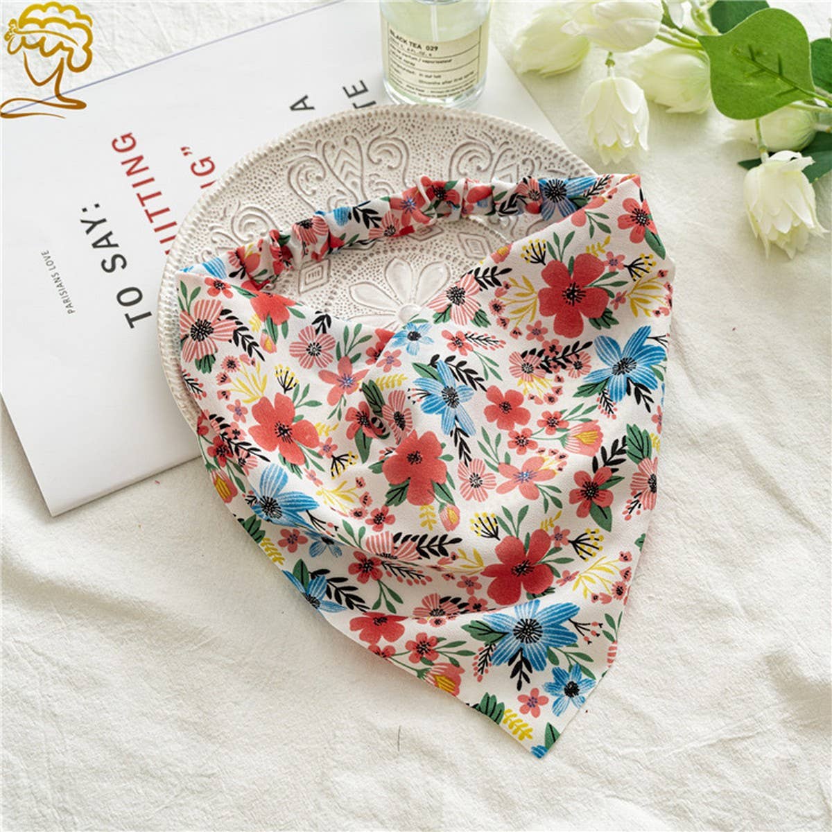 FLORAL PASTORAL STYLE TURBAN WITH ELASTIC BANDANA_CWAHA0847