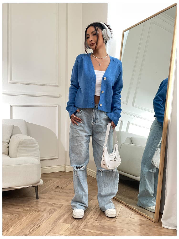 SOLID COLOR SIMPLE HIGH WAIST KNIT CARDIGAN