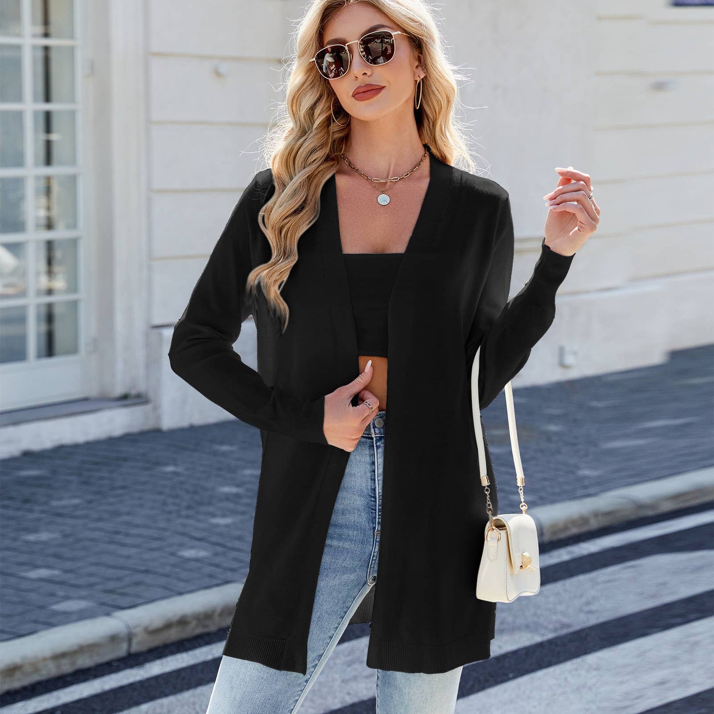 Long knitted striped cardigan without buttons