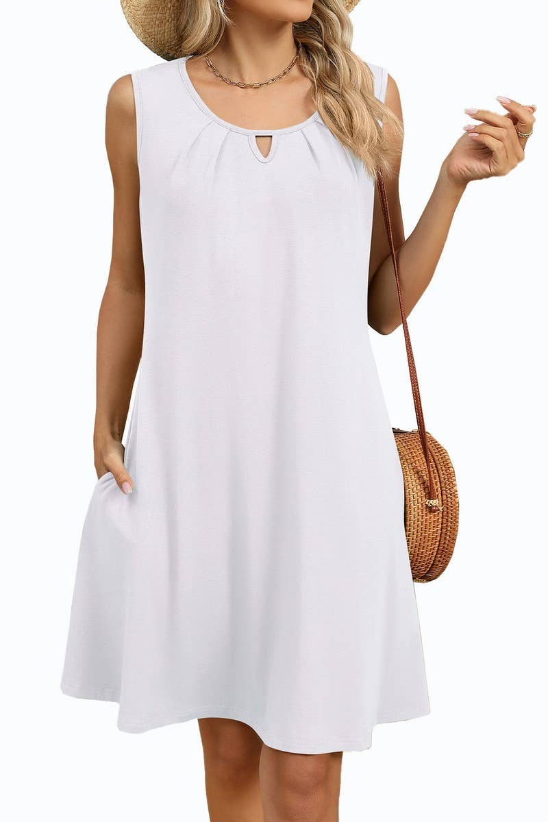 CWDSD8718_SOLID V-NECK RUCHED POCKET SLEEVELESS DRESS