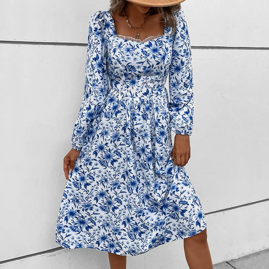 Vintage French dress with square collar print