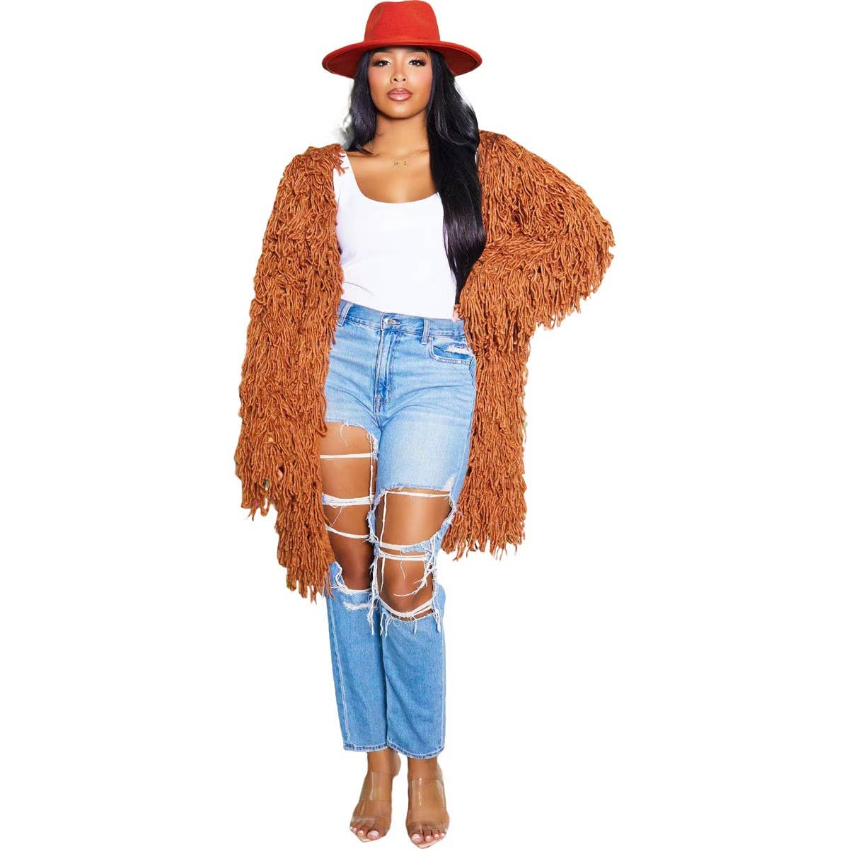 WOMEN FASHION HOLLOWED OUT TASSEL CARDIGAN