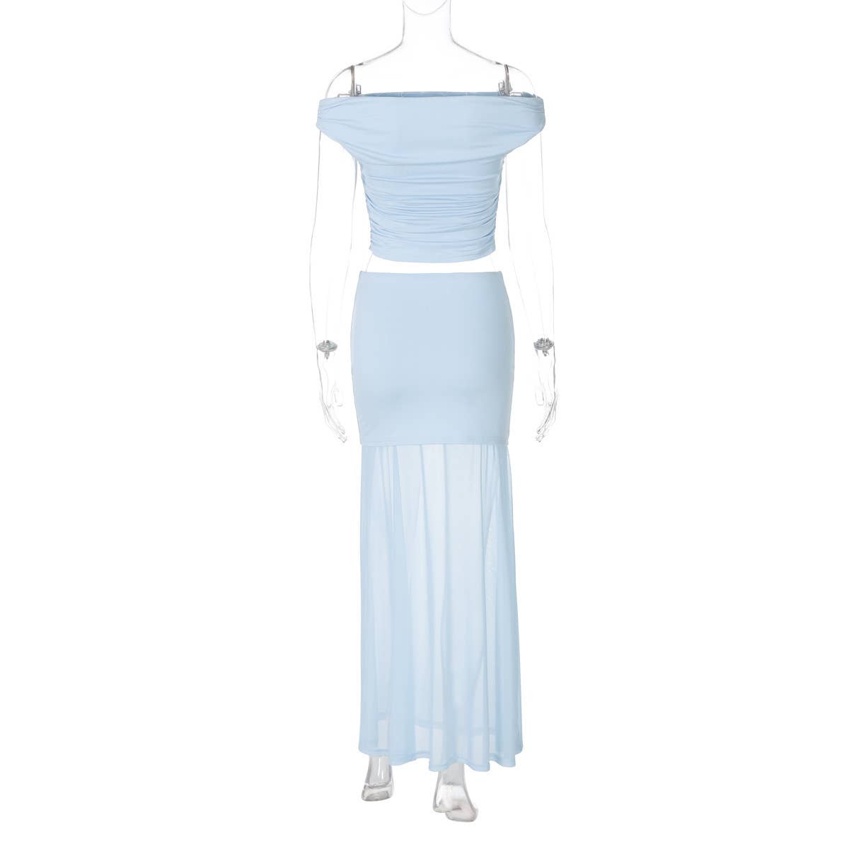 One-shoulder top mesh fabric patchwork skirt set