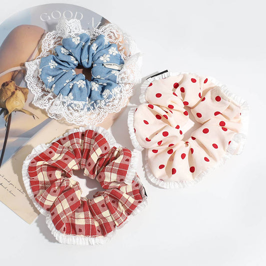 PLAID POLKA DOT FLOWER LACE HAIR TIE_CWAHA2260