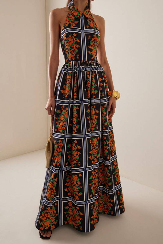 CWDHL0813_BACKLESS FLORAL PRINT HALTER MAXI DRESS