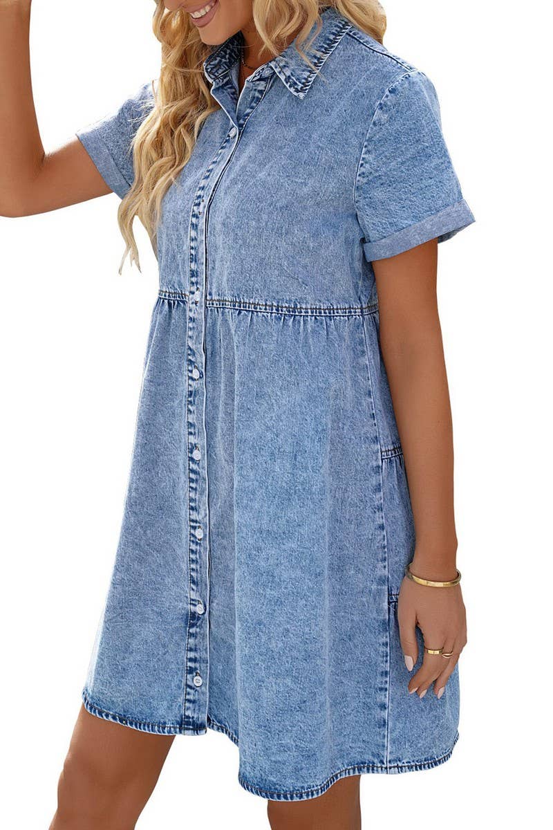 CWDSD5998_DENIM CASUAL SHORT-SLEEVED MIDI DRESS