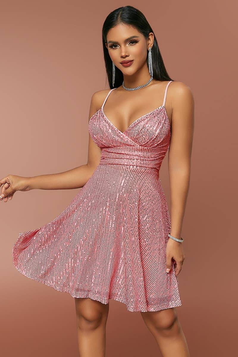 CWDHL0369_SEXY V-NECK SLEEVELESS SEQUIN HALTER SHORT DRESS
