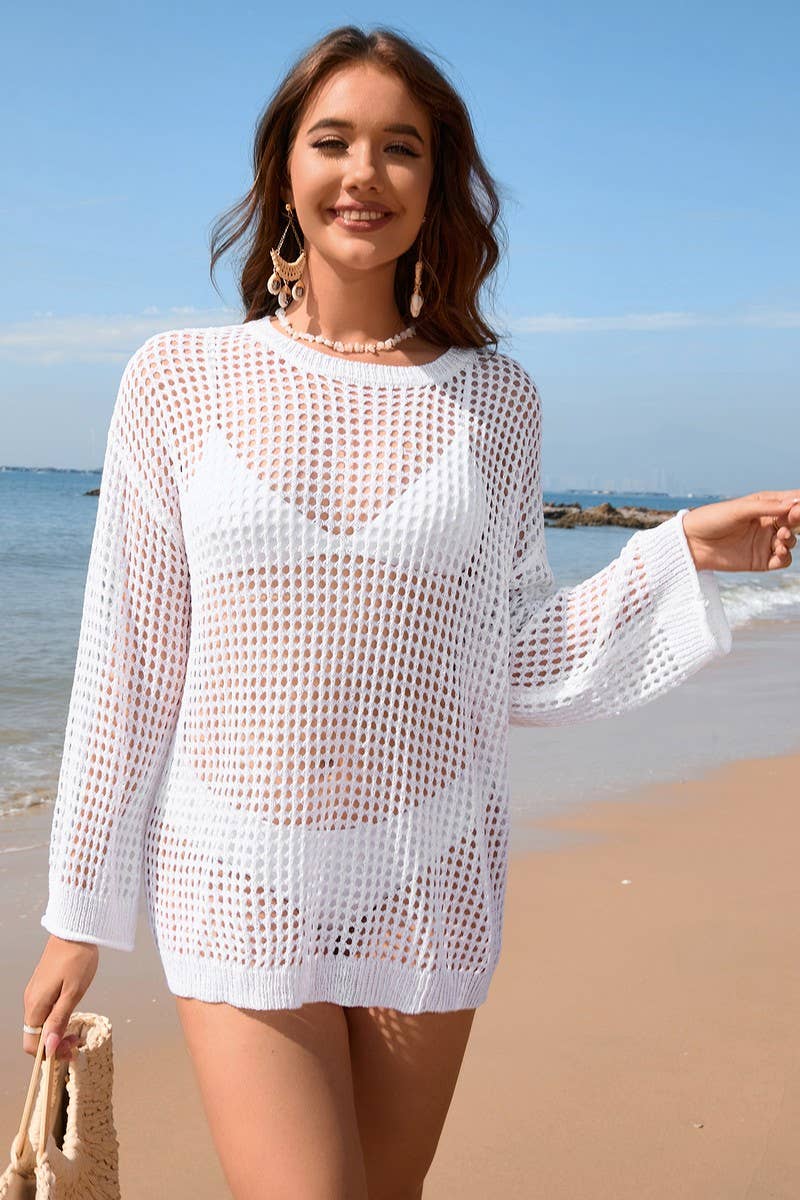 CWOSWL2078_Round Neck Long Sleeve Bikini Cover Ups