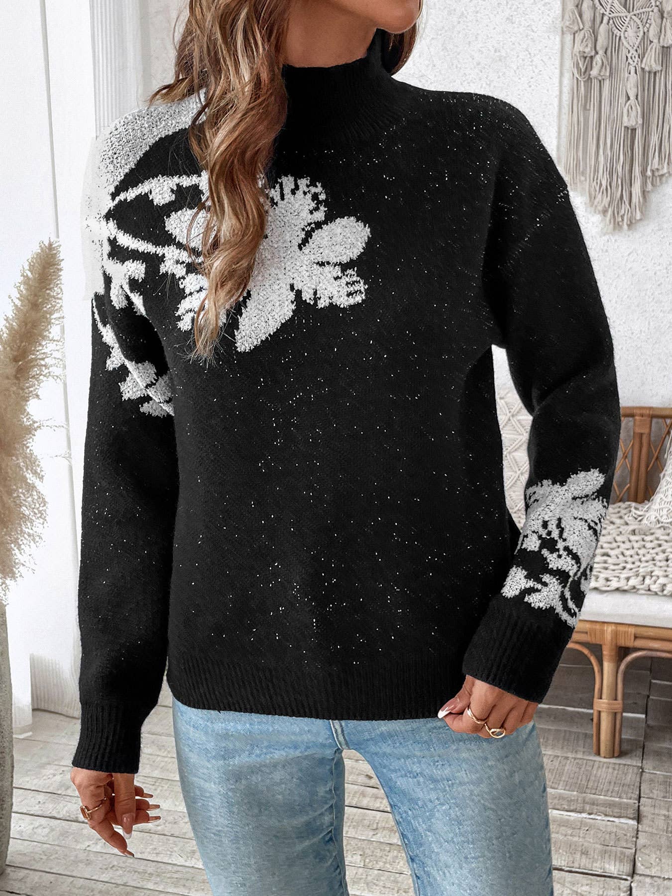 WOMEN'S HALF TURTLENECK COLOR JACQUARD SWEATER