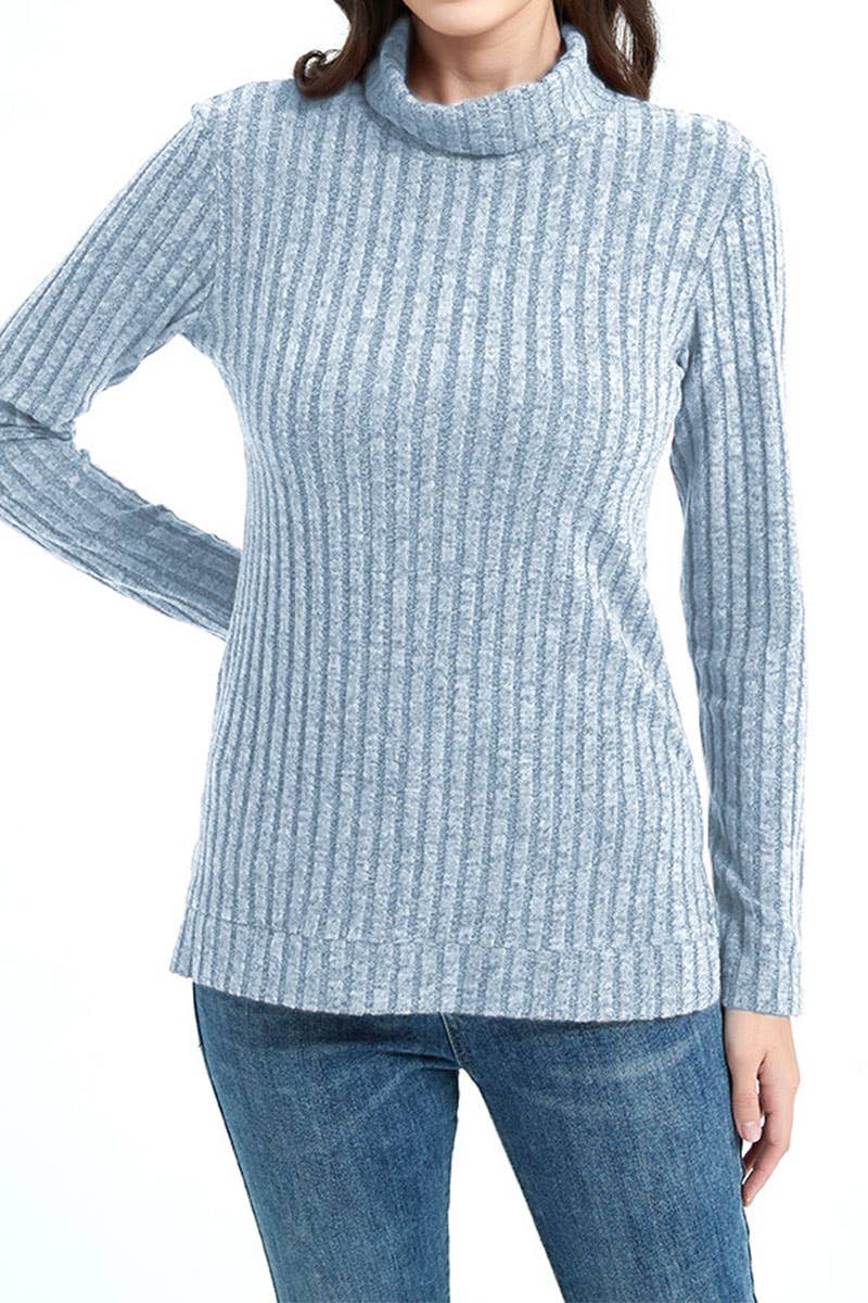 Stylish pit striped turtleneck solid color knitwear
