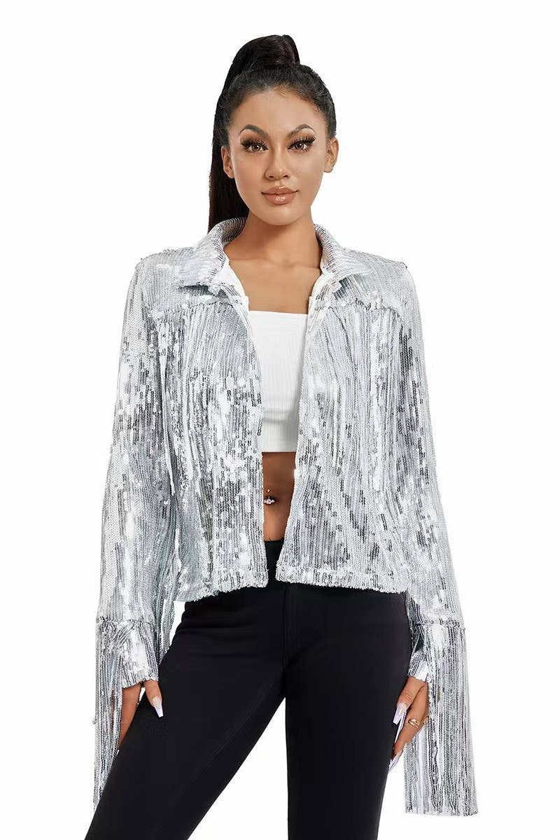 CWOCAL2282_SEQUIN TASSEL LONG SLEEVE PERFORMANCE JACKET