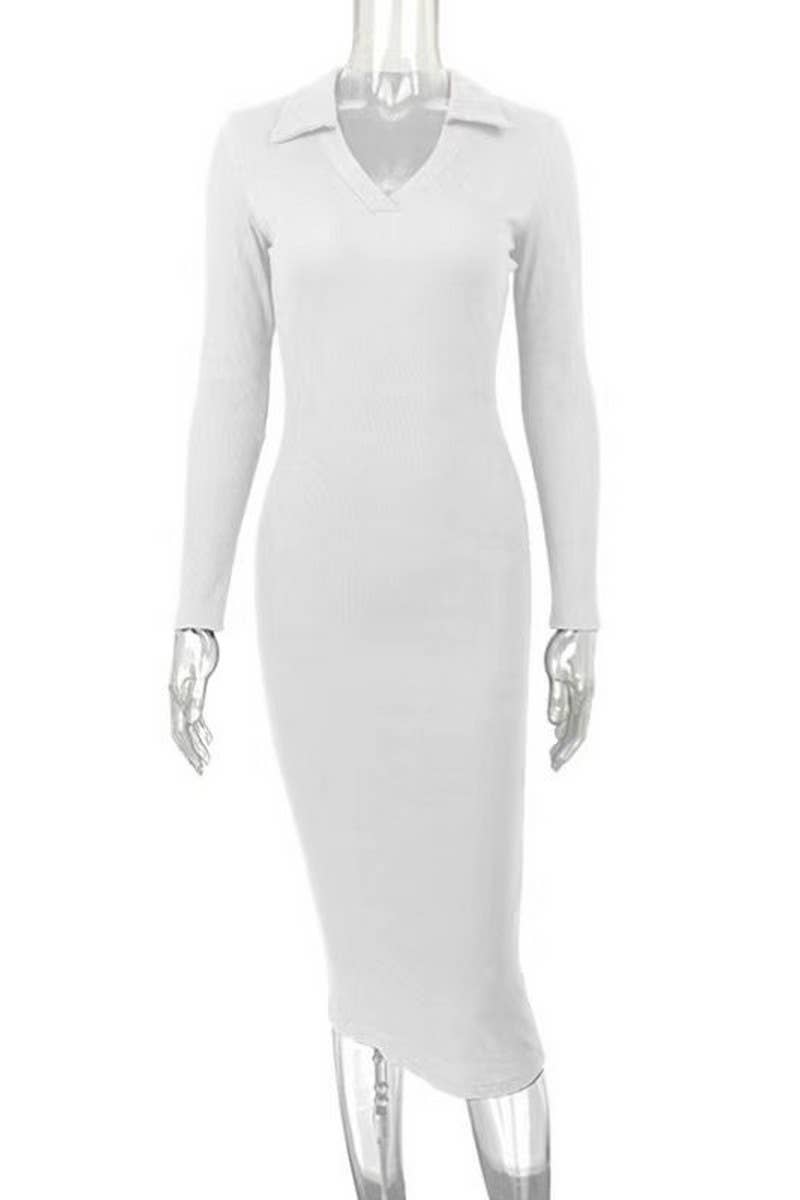 CWDMD4901_SOLID COLOR DEEP V LAPEL SLIM DRESS