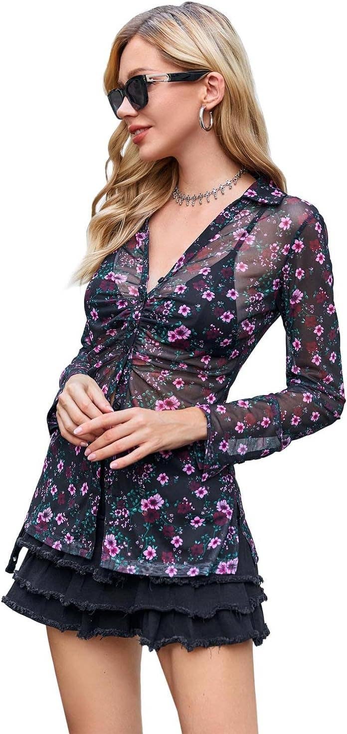 Printed Semi-Transparent Square-Neck Fitted Shirt