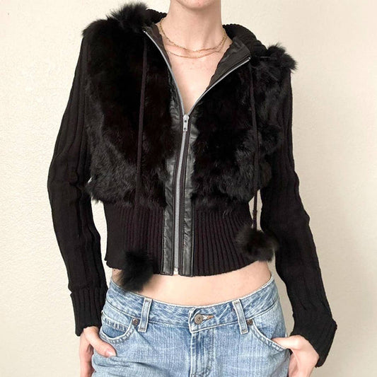 VINTAGE CRATERED PATCHWORK FURRY HOODIE JACKET