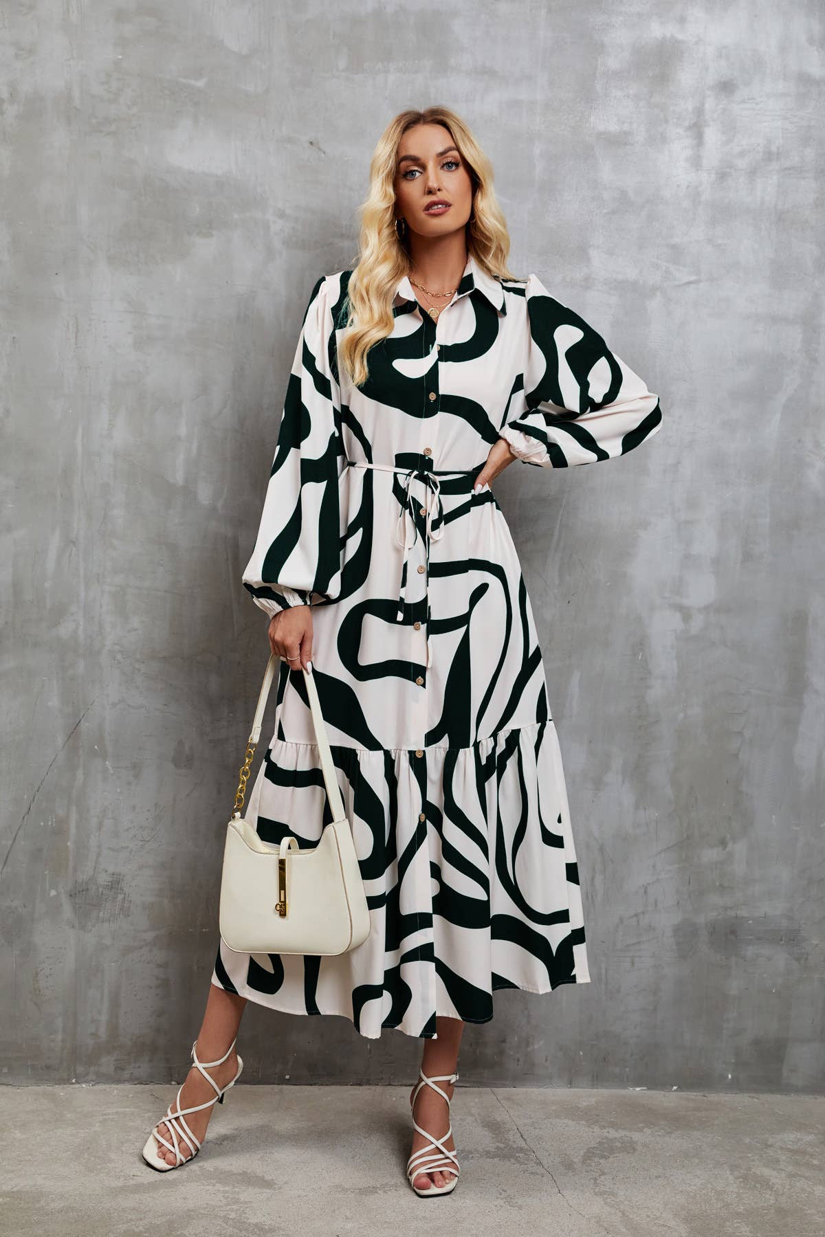 LACE-UP SHIRT DRESS WITH FASHION PRINT TEMPERAMENT