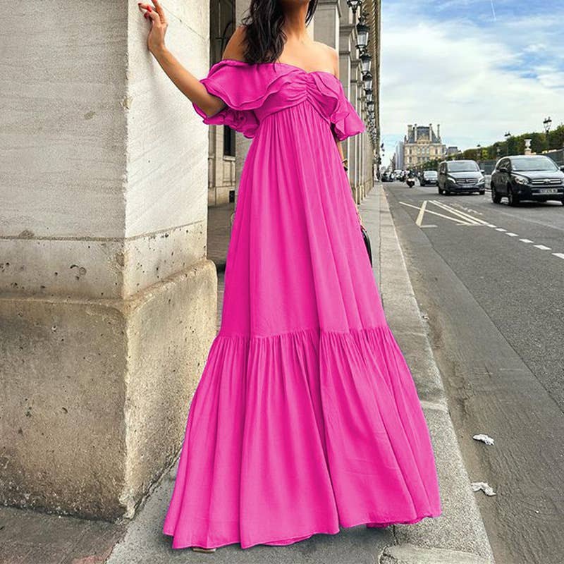 SOLID COLOR ONE-LINE SHOULDER-TOP LONG DRESS