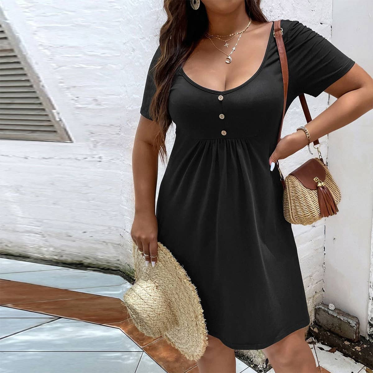 Button Scoop Neck Short Sleeve A Line Dress_Cwdsd3307