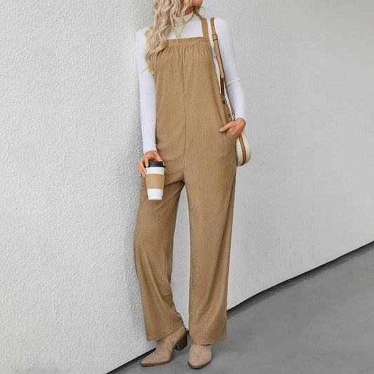 Solid color pocket loose corduroy jumpsuit