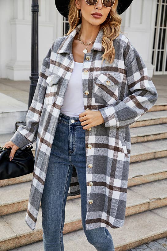STYLE LAPEL PLAID WOOL SINGLE BREASTED LONG COAT