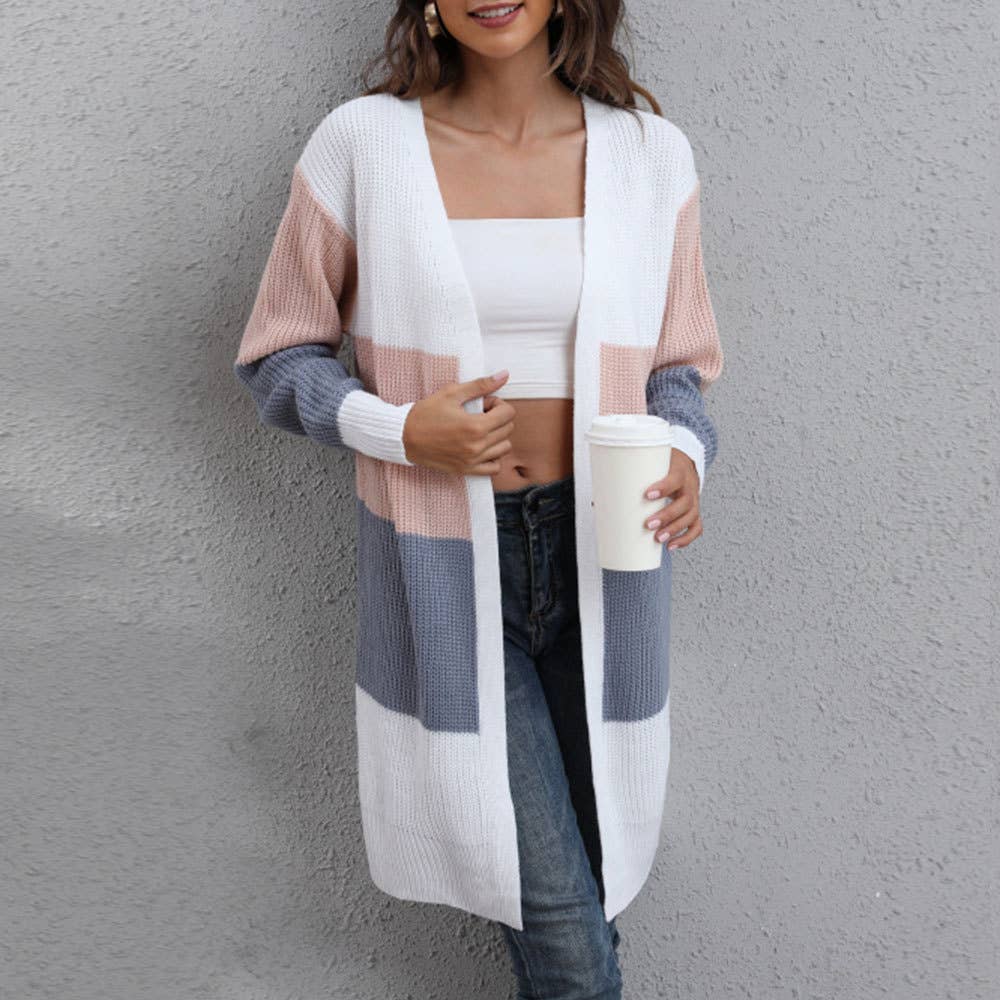THREE-COLOR STRIPED PATCHWORK LOOSE KNIT COAT