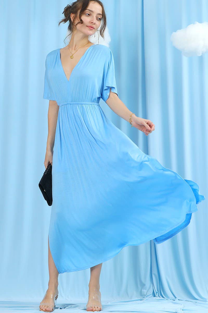 CWDMD825_V NECK BACK BOW TIE EMPIRE MAXI DRESS