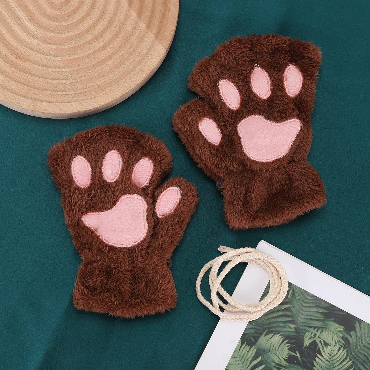 CARTOON CAT PAW BEAR PAW PLUSH HALF FINGER GLOVES_CWAG0175