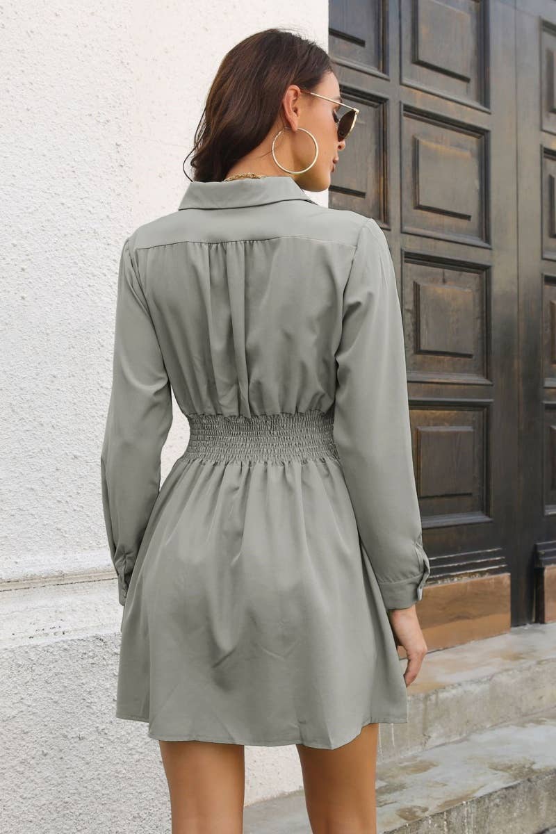 CWDSD6432_WAIST WAIST V-NECK LONG SLEEVE SHIRT DRESS SHORT