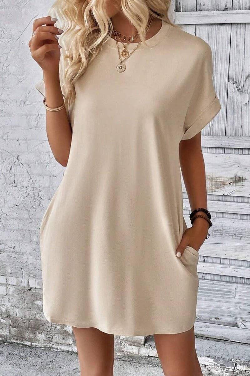 CWDSD3628_SOLID COLOR ROUND NECK LOOSE POCKET SHORT DRESS