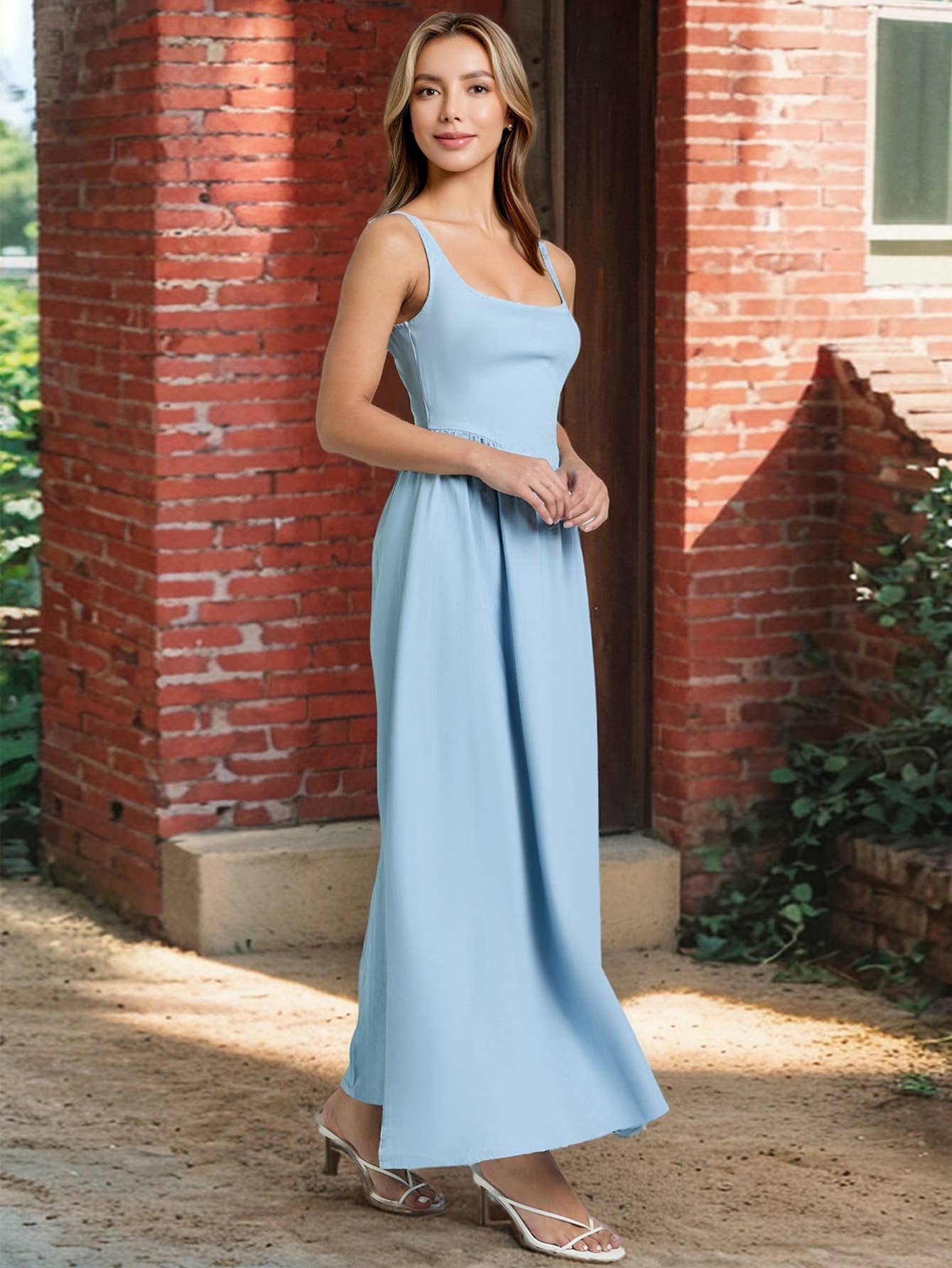 Solid-color elegant square-neck halter dress