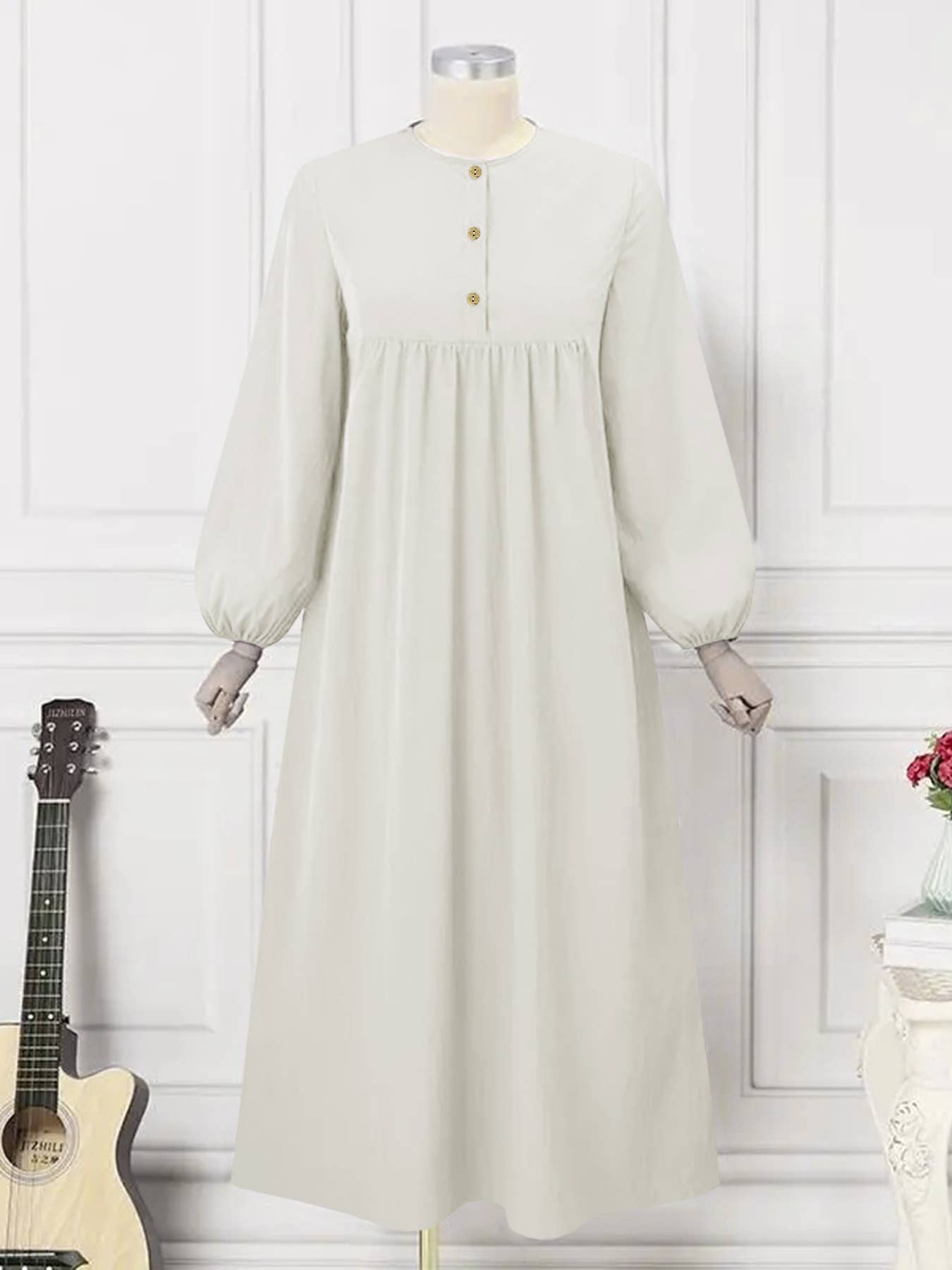 Fashion puffed-sleeve loose solid-color dress