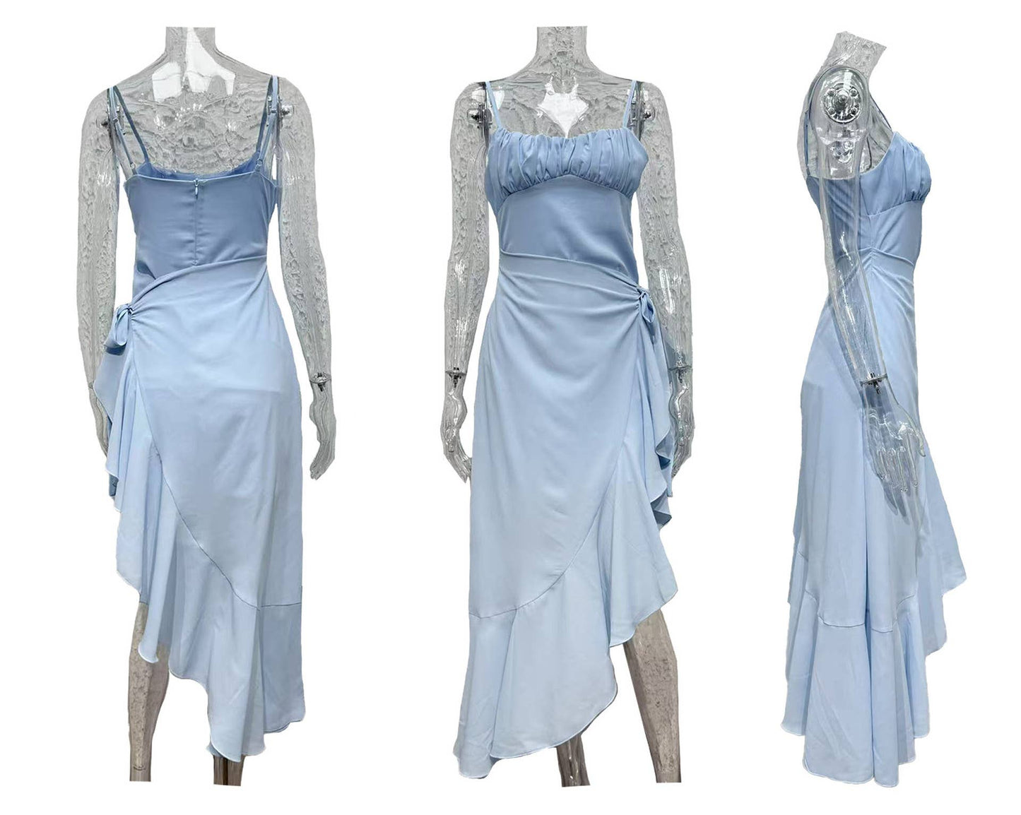 Strapless, backless, ruffled irregular dress