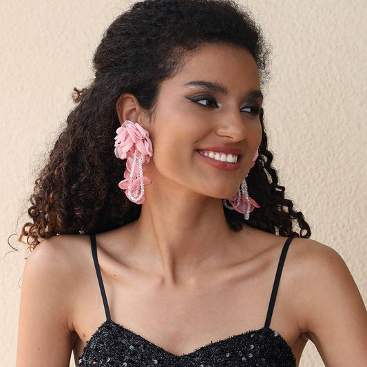 Statement Fabric Flower Earrings with Crystals_CWMM6252