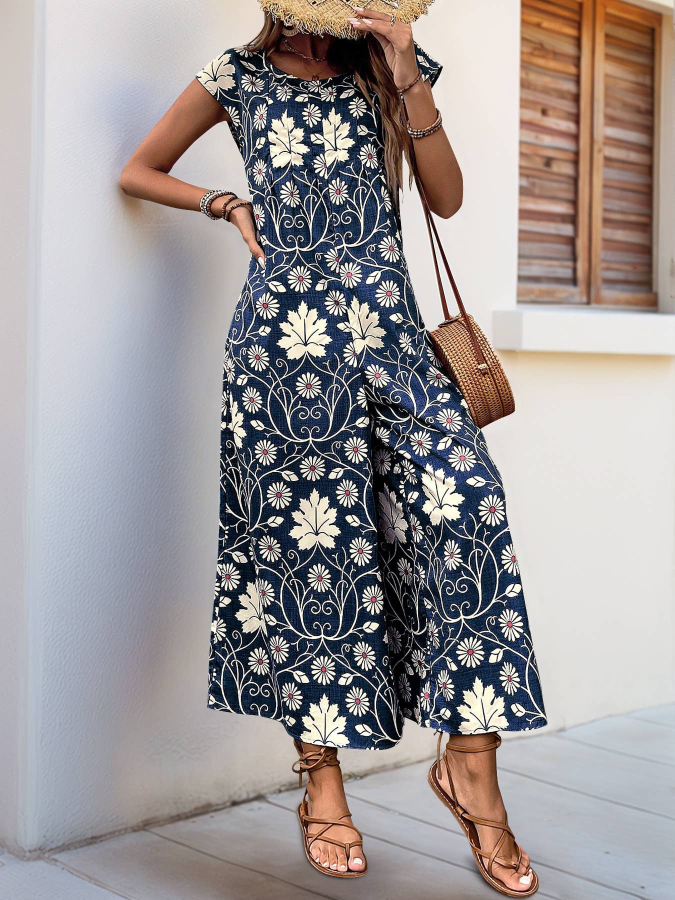 Long ethnic style printed wide-leg jumpsuit