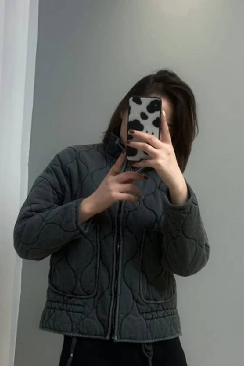 CWOCO1078_STAND COLLAR LARGE POCKET QUILTED COTTON COAT