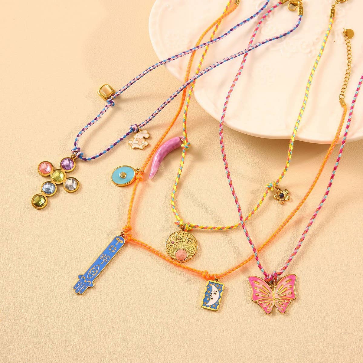 Colorful Rope Necklace with Butterfly Charm